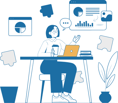 Illustration of dedicated software support with dashboards and a person at a desk