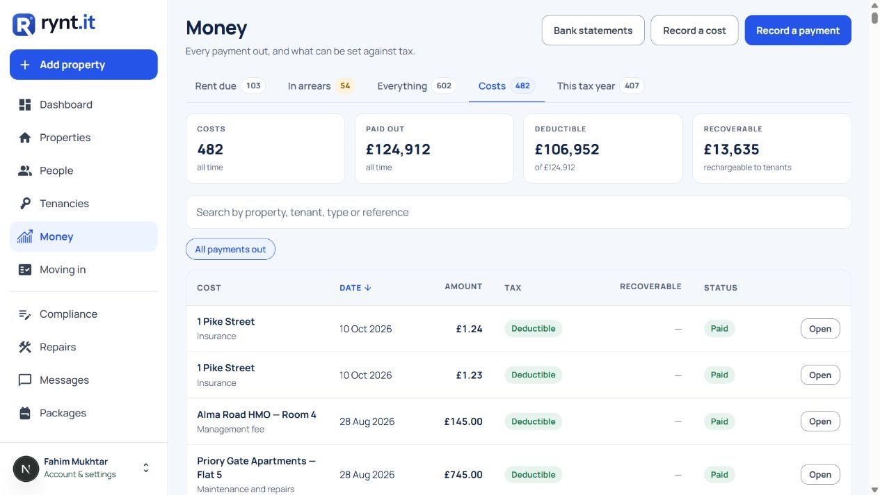 Actual property expenses with dates, amounts and recorded tax treatment