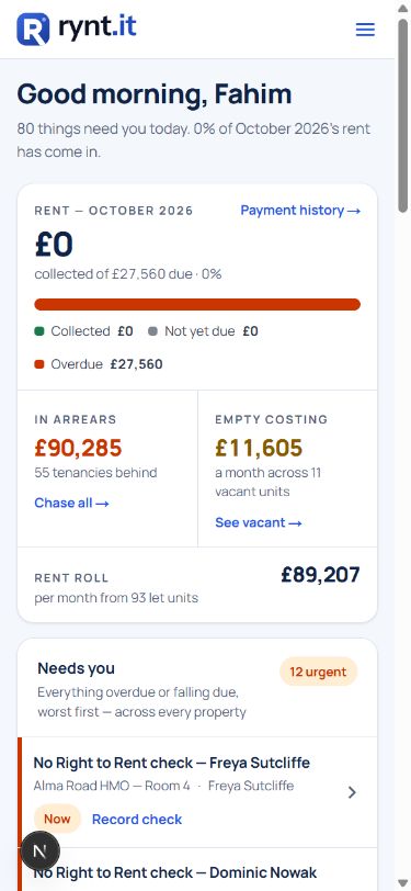 The same Rynt dashboard in a mobile browser