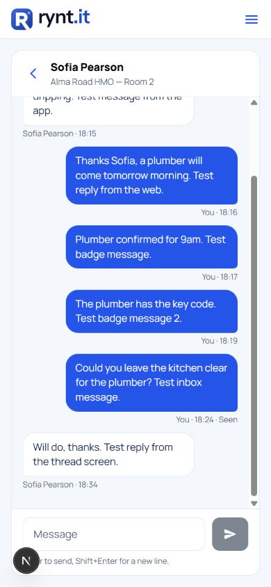 Actual Rynt messaging conversation in a mobile browser