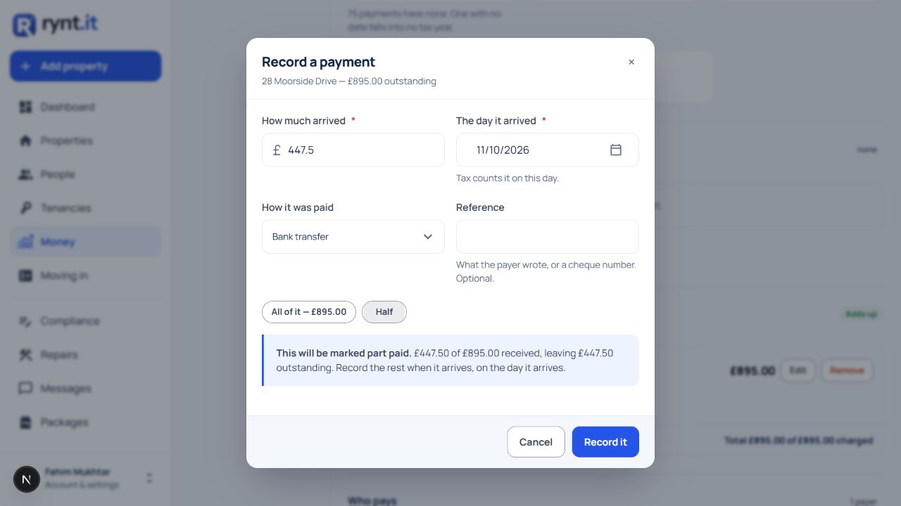 Actual rent part-payment form with the amount received and remaining balance