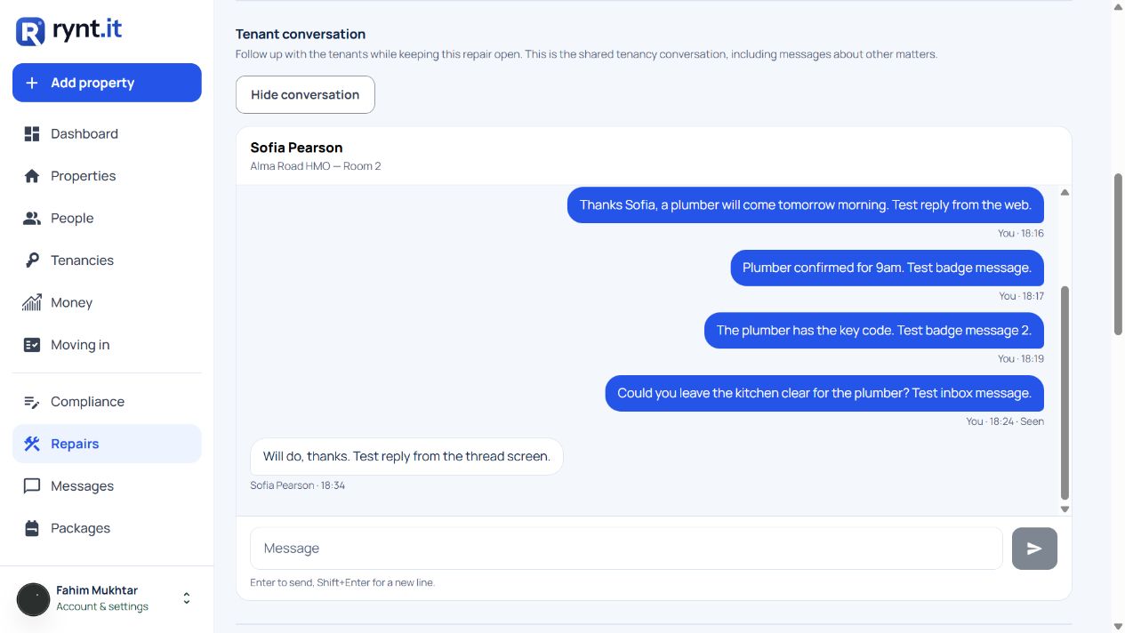 Actual shared tenancy conversation opened within the repair record